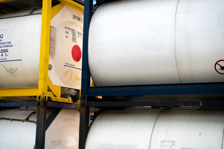 Chemical tank container. ISO tank container for chemical delivery. Bulk liquid transport. Chemical...
