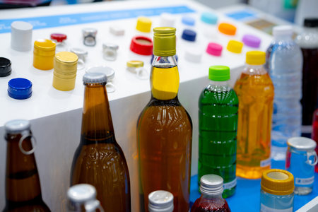 Caps packaging concept. Bottle caps and closures packaging design. Screw caps. Plastic cap and...