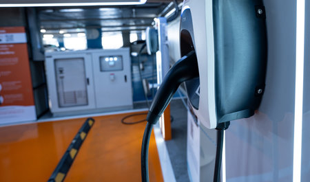 Electric car charging station for charge EV battery. Plug for electric vehicle. EV charger. Charging point at car parking lot of the mall. Clean and sustainable energy. Commercial EV charging point.の写真素材