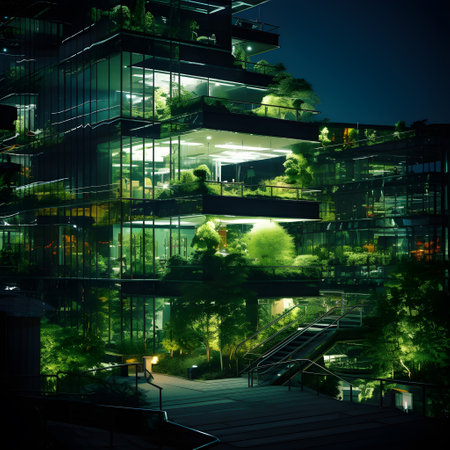Eco-friendly building in modern city. Sustainable glass office building with trees for reducing CO2. Energy-efficient building in the evening. Office building with green environment. Generative AI.の素材
