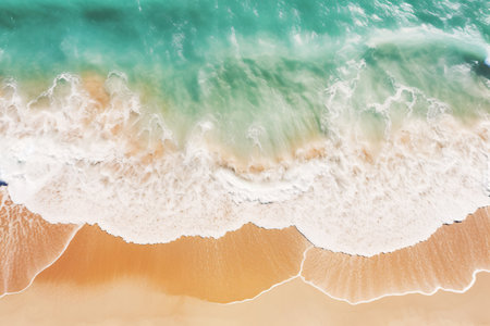 Aerial view of golden sand beach by the sea with emerald green sea water. Summer vacation on tropical paradise beach concept. Ripple of water splash on sandy beach. Summer vibes. Generative AI.の素材