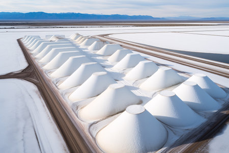 Sea salt farm. Pile of white salt. Raw material of salt industrial. Sodium Chloride mineral. Evaporation and crystallization of sea water. White salt harvesting. Agriculture industry. Generative AIの素材