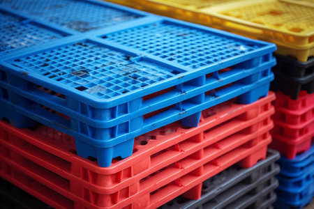 Pile of plastic shipping pallet. Industrial plastic pallet stacked at factory warehouse. Plastic pallet rack for export delivery industry. Plastic pallet storage warehouse. Generative AI.の素材