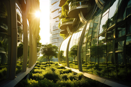 Eco-friendly building in the modern city. Sustainable glass office building with tree for reducing carbon dioxide. Office building with green environment. Corporate building reduce CO2. Generative AIの素材