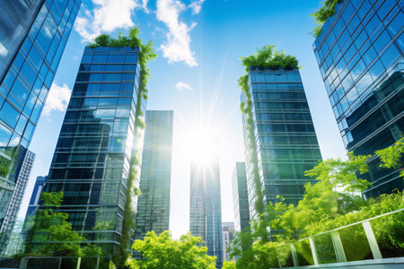 Eco-friendly building in the modern city. Sustainable glass office building with tree for reducing carbon dioxide. Office building with green environment. Corporate building reduce CO2. Generative AI.の素材