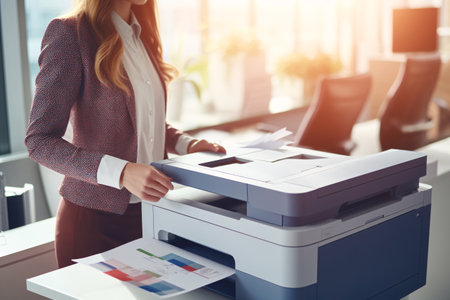 Office worker print paper on multifunction laser printer. Document and paperwork. Secretary work. Woman working in business office. Copy, print, scan, and fax machine. Print technology. Generative AI.の素材