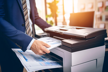 Businessman print paper on a multifunction laser printer in business office. Document and paperwork. Secretary work. Copy, print, scan, and fax machine. Print technology. Photocopy. Generative AI.の素材