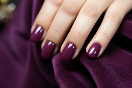 Glamour woman hand with deep berry and plum nail polish on fingernails. Nail manicure with gel polish at luxury beauty salon. Nail art and design. Female hand model. French manicure. Generative AI.の素材