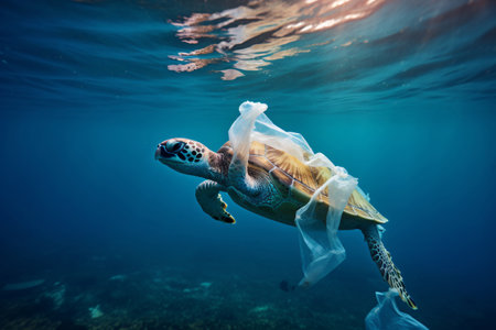 Impact of plastic pollution on sea turtles and ocean animal life. Environmental crisis. Plastic bag pollution in the ocean. Saving marine environments. Environmental problem in ocean. Generative AI.の素材