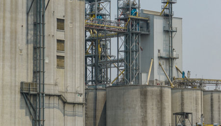 Animal feed factory. Agricultural silos, grain storage silos. Agriculture industry. Rural agribusiness. Grain storage innovation. Agricultural silos at animal feed factory. Sustainable farming.の写真素材