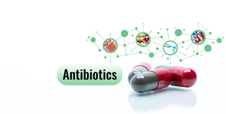 Antibiotic drugs. Prescription drugs. Antibiotic capsule pills. Antibiotic drug selection. Antibiotic drug research and development. Pharmaceutical industry. Quality control in drug production. GMP.の写真素材