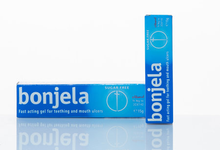 CHONBURI, THAILAND-JANUARY 30, 2023: Bonjela gel in packaging on white background. Healing and...