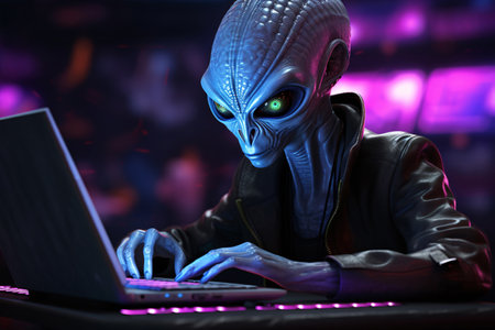 Gray humanoid alien gamer playing online computer video game. Neon lights. Alien extraterrestrial gamer playing video game on laptop. Monster hacker attack phishing government data. Generative AI.の素材