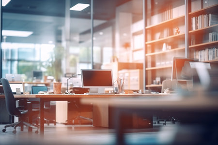 Blurred modern business office interior room use for background in business concept. Blur empty open space corporate business office. Workspace design. Computer on table in office. Generative AI.の素材