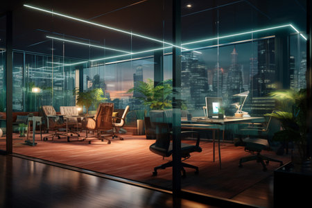 Blurred modern business office interior room use for background in business concept. Blur empty open space corporate business office. Workspace design. Computer on table in office. Generative AI.の素材