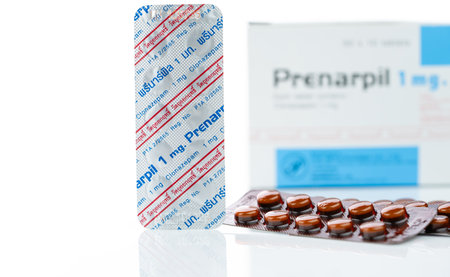 CHONBURI, THAILAND-JULY 11, 2023: Prenarpil tablet pills in brown blister pack. Clonazepam used to treat seizures, panic disorder, anxiety disorders. Benzodiazepines drug. Mental illness medication.のeditorial素材