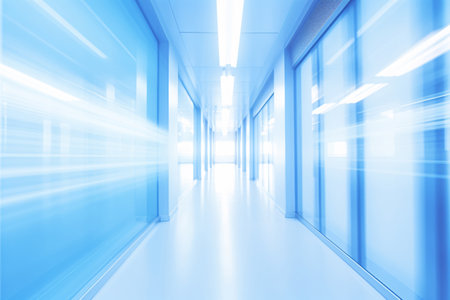 Blurred empty modern hospital corridor background. Abstract blurred clinic hallway interior. Entrance of medical emergency room in hospital. Healthcare and medical center background. Generative AI.の素材
