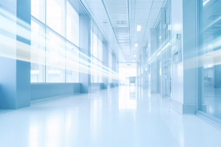 Blurred empty modern hospital corridor background. Abstract blurred clinic hallway interior. Entrance of medical emergency room in hospital. Healthcare and medical center background. Generative AI.の素材