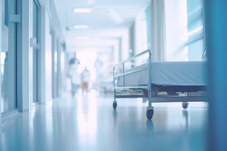 Blurred modern hospital corridor background. Abstract blurred clinic hallway interior. Entrance of medical emergency room in hospital. Healthcare and medical center background. Generative AI.の素材