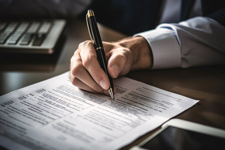 Tax season concept. Businesman hand filling US business income tax return form for tax payment. Money and financial. Paperwork for paying taxes. Tax planning and consulting service. Generative AI.の素材