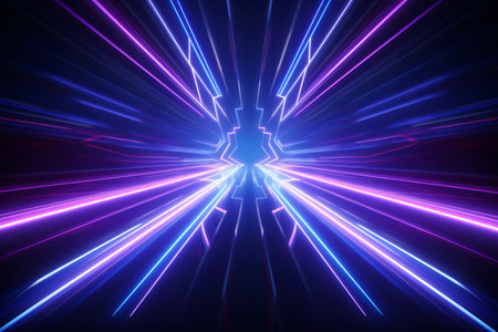 Neon light abstract background. Data transfer. Fast network. Tunnel or corridor pink blue neon glowing lights. Futuristic laser lines and LED create glow. Cyber club neon light. Sci fi. Generative AI.の素材