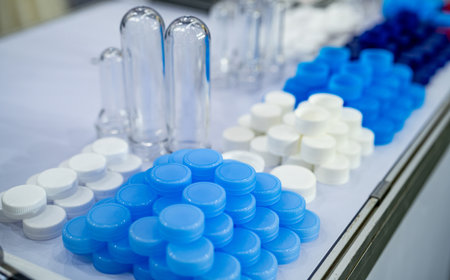 Pile of plastic screw caps. Caps packaging concept. Bottle caps and closures packaging design. Cap products. Bottle cap and blur PET plastic bottle preforms before blow molding. Packaging industry.の写真素材