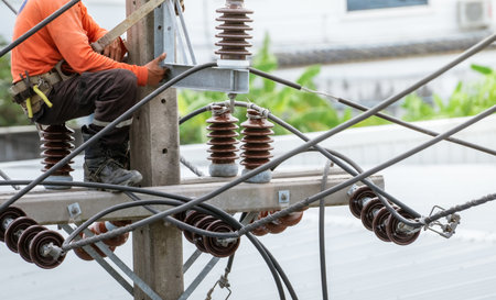 High voltage power line maintenance. Electrician at work. Electrical technician working on electric...
