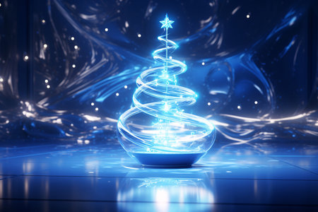 Magic decorated Christmas tree with balls for New Year on blue background. Fir tree decoration with balls. Christmas ornament. Winter holiday background. Magical moment in Xmas night. Generative AI.の素材