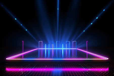 Abstract neon light geometric background. Glowing neon lines. Empty futuristic stage laser. Colorful rectangular laser lines. Square tunnel. Night club empty room. Laser show design. Generative AI.の素材