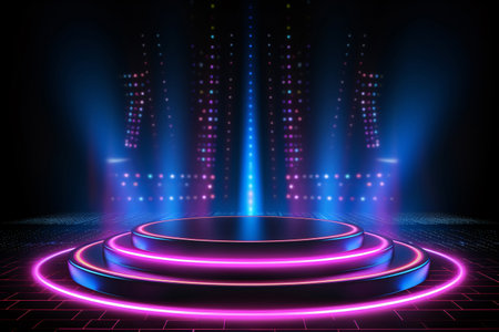 Round stage with pink blue neon light and screen pixels glowing dots background. Glowing neon lines. Empty stage laser. Catwalk fashion podium. Night club empty room. Laser show design. Generative AI.の素材