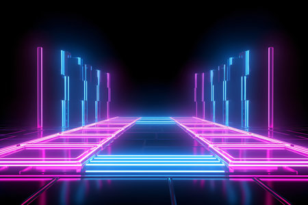 Abstract neon light geometric background. Glowing neon lines. Empty futuristic stage laser. Colorful rectangular laser lines. Square tunnel. Night club empty room. Laser show design. Generative AI.の素材