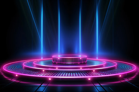 Round stage with pink blue neon light and glowing dots. Glowing blue neon lines background. Empty stage laser. Catwalk fashion podium. Night club empty room. Laser stage show design. Generative AI.の素材