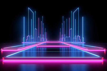 Abstract neon light geometric background. Glowing neon lines. Empty futuristic stage laser. Colorful rectangular laser lines. Square tunnel. Night club empty room. Laser show design. Generative AI.の素材