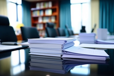 Heap of documents on modern office table in corporate meeting room. Document and paperwork concept. Paperwork pile on office table in contemporary meeting room workspace. Busy workspace. Generative AIの素材