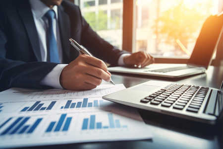 Businessman analyzing statistics with laptop in office. Financial planning. Tax and accounting in a professional office meeting. Corporate financial analysis. Reviewing data and charts. Generative AI.の素材