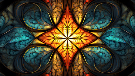 Stained glass abstract background. Fractal flower pattern in vibrant colors. Kaleidoscope art. Digital fractal design. Flower pattern in abstract stained glass. Symmetry design. Generative AI.の素材