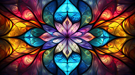 Stained glass abstract background. Fractal flower pattern in vibrant colors. Kaleidoscope art. Digital fractal design. Flower pattern in abstract stained glass. Symmetry design. Generative AI.の素材