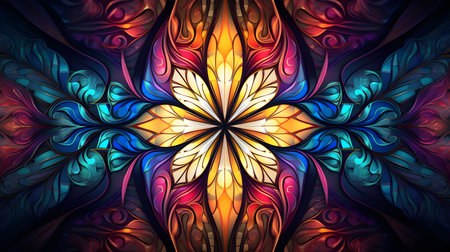 Stained glass abstract background. Fractal flower pattern in vibrant colors. Kaleidoscope art. Digital fractal design. Flower pattern in abstract stained glass. Symmetry design. Generative AI.の素材