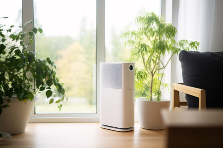 Air purifier technology enhancing indoor air quality in living room. Healthy living. Modern air purifier device in living space. Technology for healthier living environment. Clean air. Generative AI.の素材