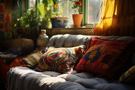 Bohemian interior design with colorful patterns and cozy cushions. Stylish Boho living. Vibrant patterns and cushions in a cozy afternoon setting. Bohemian chic. Eclectic home decor. Generative AI.の素材