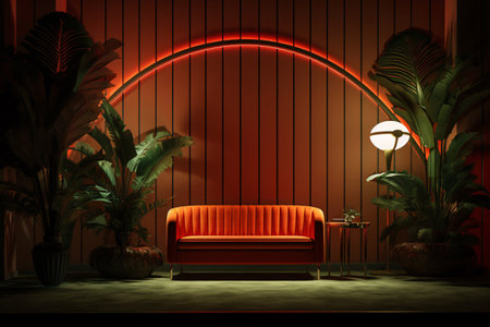 Art Deco interior design with orange sofa, lamp, and lush greenery. Bright lighting and complementary colors in art deco home decor. Art Deco interior with plant. Stylish retro living. Generative AI.の素材