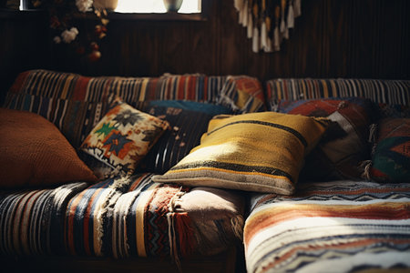 Bohemian interior design with colorful patterns and cozy cushions. Stylish Boho living. Vibrant patterns and cushions in a cozy afternoon setting. Bohemian chic. Eclectic home decor. Generative AI.の素材