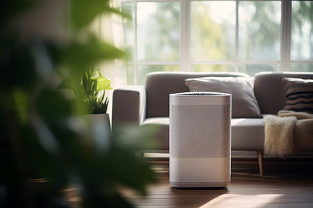 Air purifier technology enhancing indoor air quality in living room. Healthy living. Modern air purifier device in living space. Technology for healthier living environment. Clean air. Generative AI.の素材