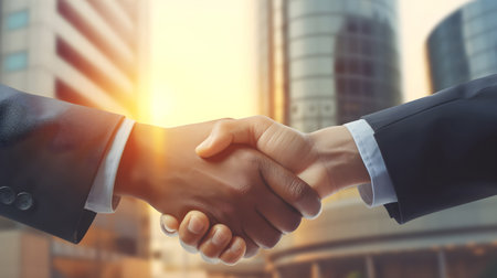 Businessman shake hands in front of office building for partnership agreement, merger, and trust concept. Corporate success of partnership and acquisition. Corporate deal and handshake. Generative AI.の素材
