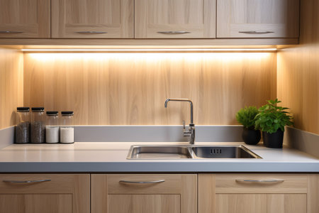 Contemporary kitchen interior in apartment living space with sink. Modern kitchen interior design. Minimalistic home decor. Contemporary elegance with stylish sink in home decor. Generative AI.の素材