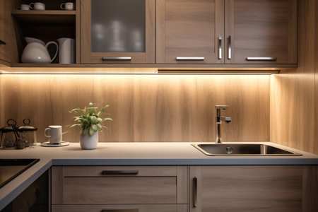Contemporary kitchen interior in apartment living space with sink. Modern kitchen interior design. Minimalistic home decor. Contemporary elegance with stylish sink in home decor. Generative AI.の素材
