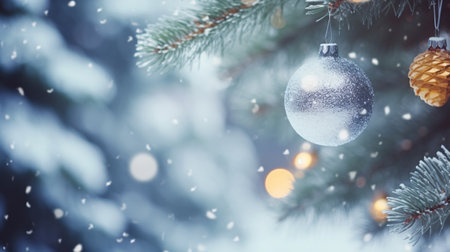 Closeup of Christmas bauble ball decoration on Christmas tree with golden bokeh festive lights background. Merry Christmas and Happy New Year greeting cards. Xmas night. Winter holiday. Generative AI.の素材