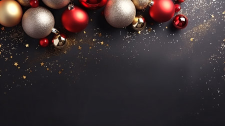 Top view of golden Christmas bauble ball decoration on black table background with copy space. Merry Christmas and New Year card background. Winter holiday Xmas concept. Frame for card. Generative AI.の素材