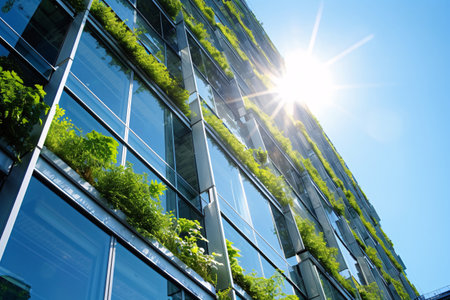 Eco-friendly building in the modern city. Sustainable glass office building with tree for reducing carbon dioxide. Office building with green environment. Corporate building reduce CO2. Generative AIの素材