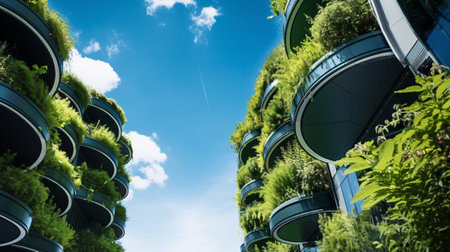 Eco-friendly building in the modern city. Sustainable glass office building with tree for reducing carbon dioxide. Office building with green environment. Corporate building reduce CO2. Generative AIの素材